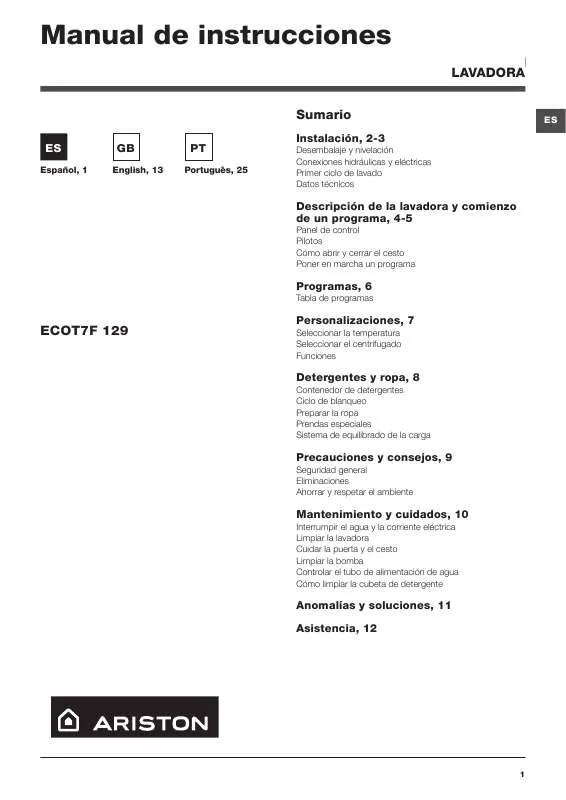 Mode d'emploi HOTPOINT ECOT7F 129