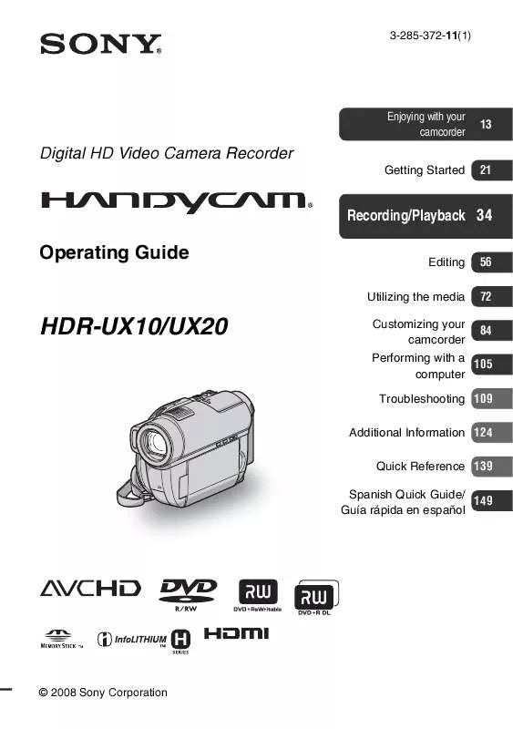 Mode d'emploi SONY HANDYCAM HDR-UX10