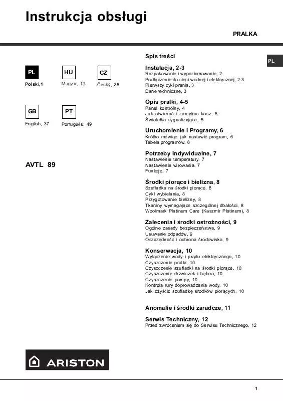 Mode d'emploi HOTPOINT AVTL 89