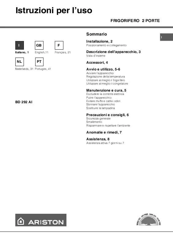 Mode d'emploi HOTPOINT BD 292 AI EU