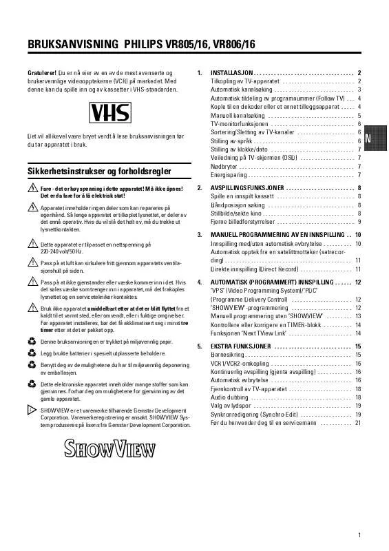 Mode d'emploi PHILIPS VR805