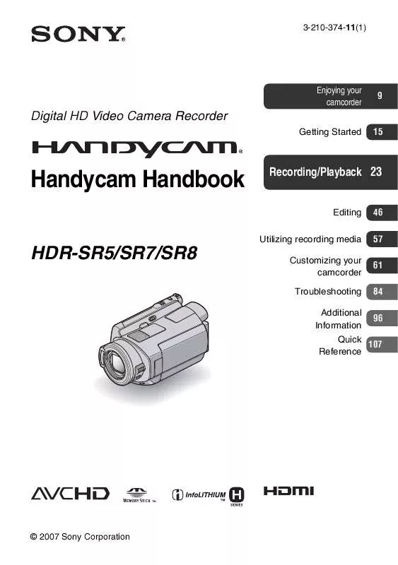 Mode d'emploi SONY HANDYCAM HDR-SR5