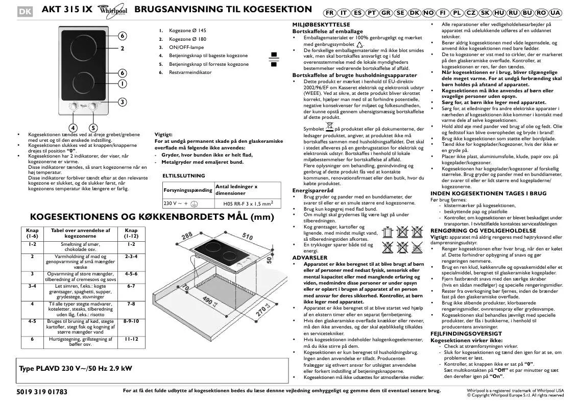 Mode d'emploi WHIRLPOOL AKT 315/IX