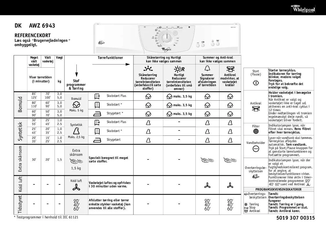 Mode d'emploi WHIRLPOOL AWZ 6943