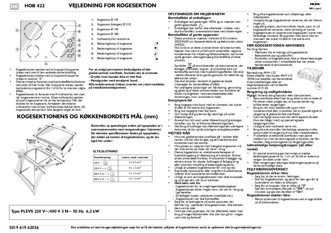 Mode d'emploi WHIRLPOOL HOB 423/S